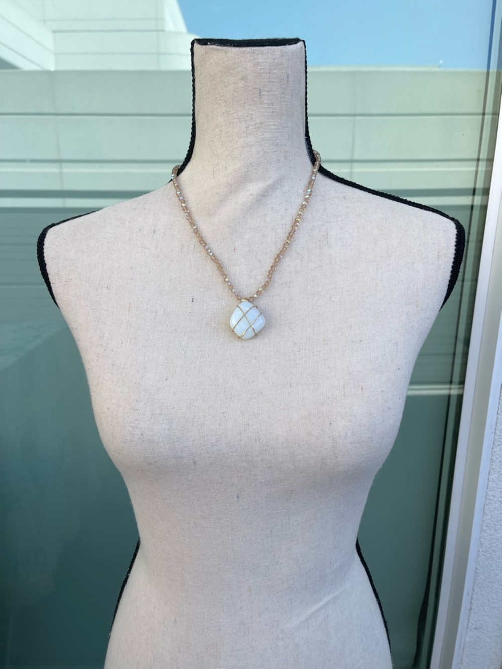 Milky White Opalite Gold Tone Wire Wrap on a Glass White AB Beaded Chain - Picture 3 of 5